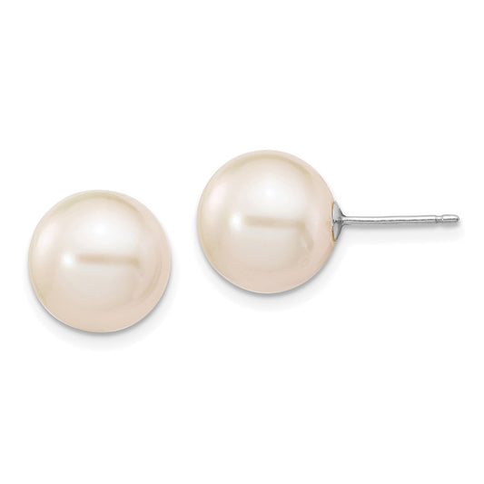 10k White Gold 10-11mm White Round Freshwater Cultured Pearl Stud Post Earrings