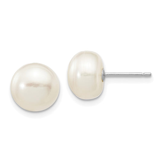 10k White Gold 8-9mm White Button Freshwater Cultured Pearl Stud Post Earrings