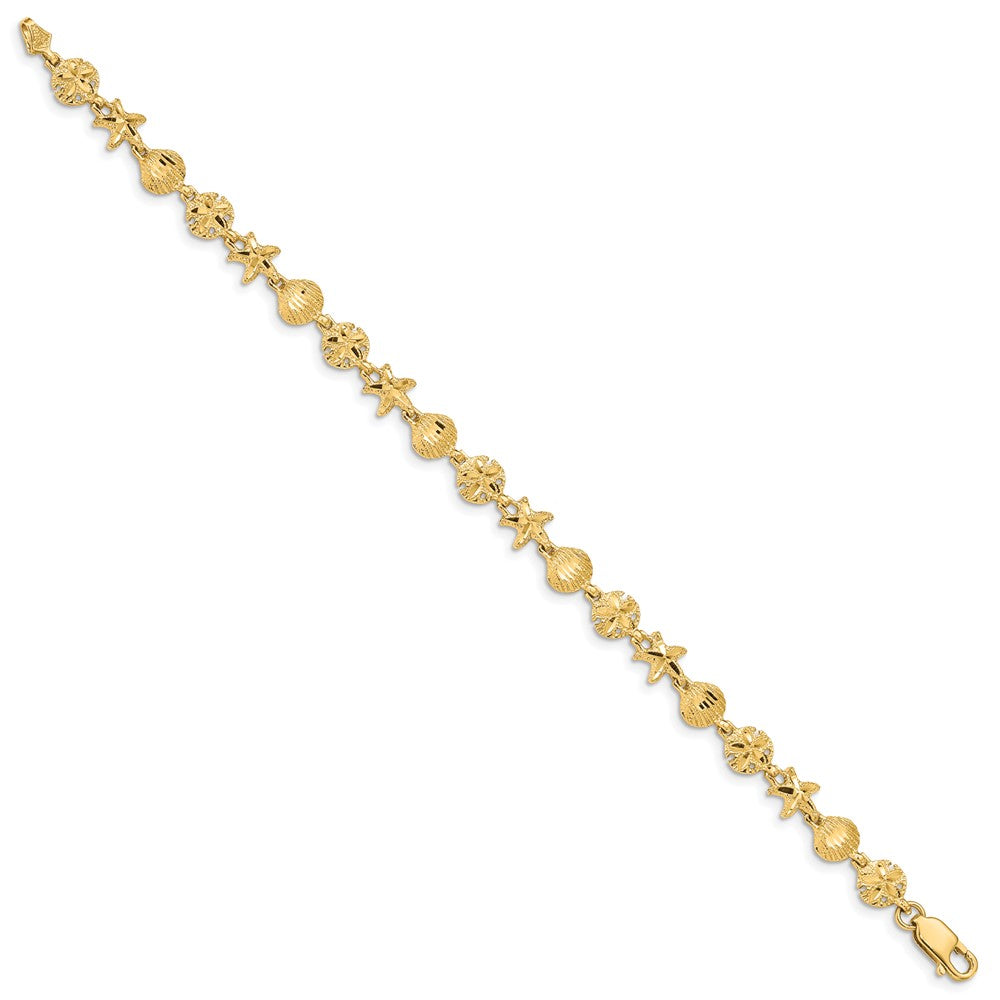 14k Yellow Gold Diamond-cut Starfish Sand Dollar Shell Bracelet 7 inch