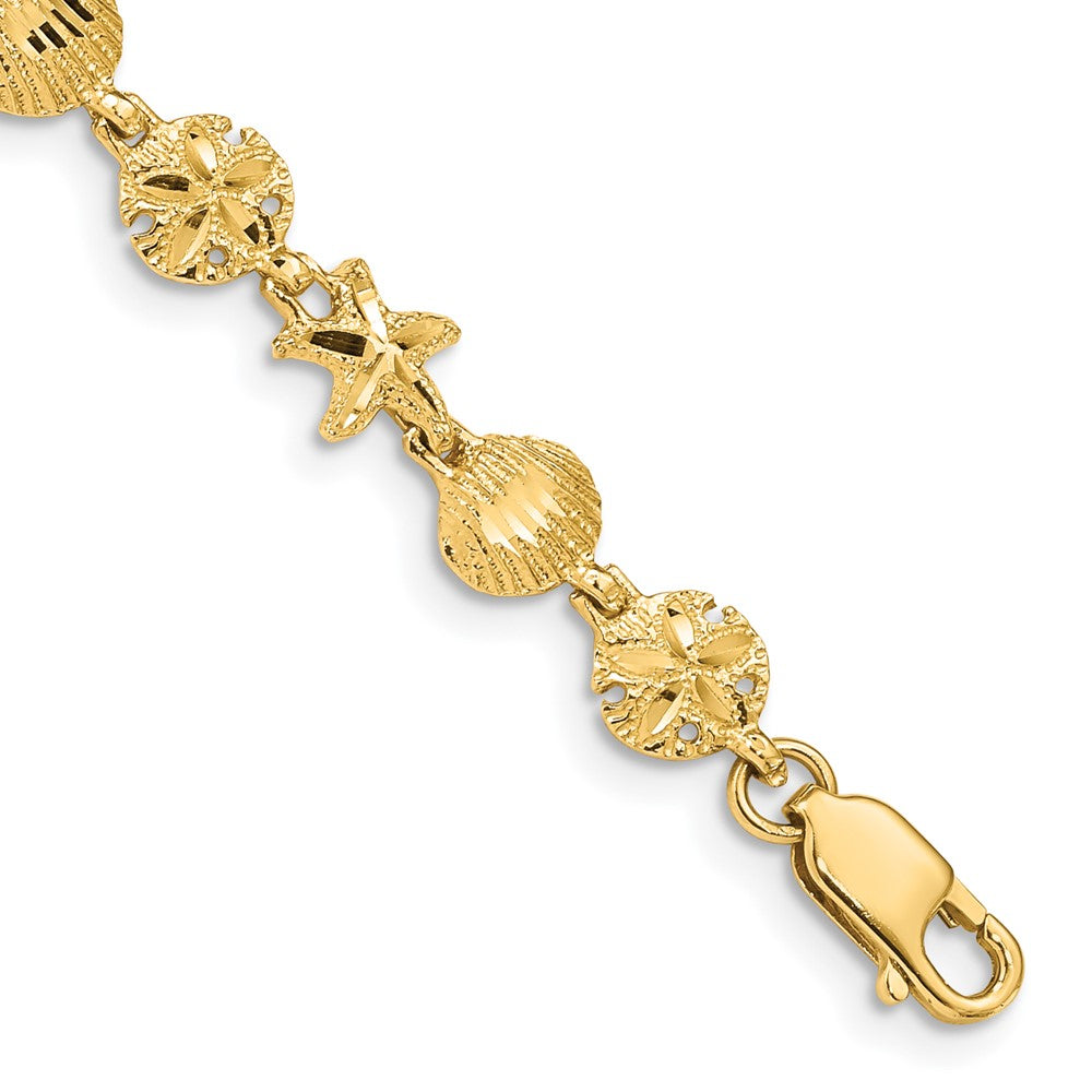 14k Yellow Gold Diamond-cut Starfish Sand Dollar Shell Bracelet 7 inch