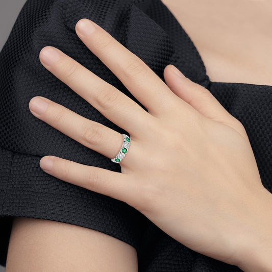 14k White Gold 3/8 Ct Diamond and Emerald Wedding Band Ring