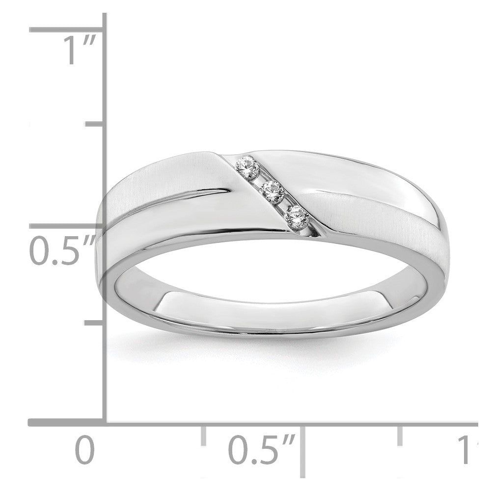 14K White Gold 3-Stone Satin and Polished 1/20 carat Diamond Men's Band Size 10