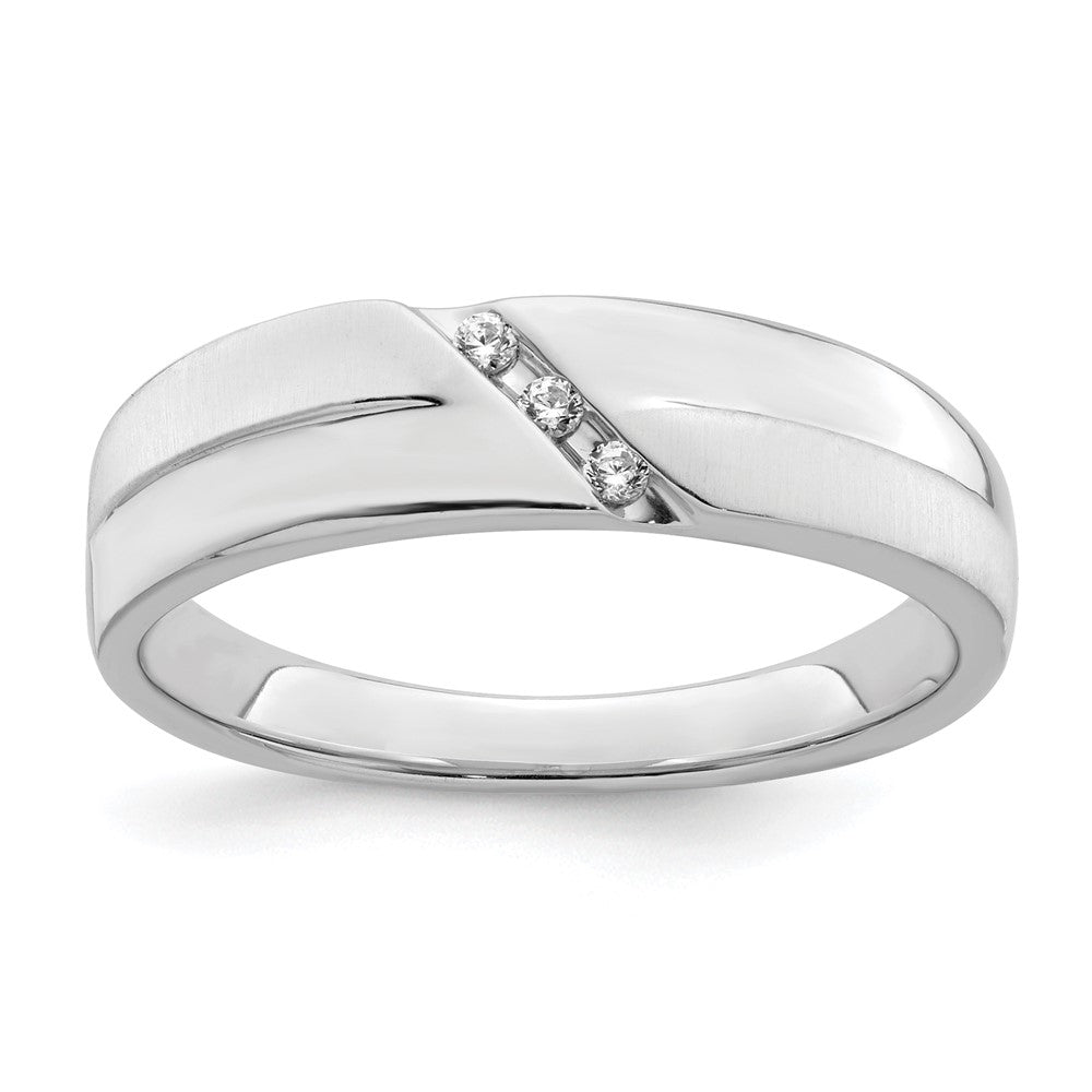 14K White Gold 3-Stone Satin and Polished 1/20 carat Diamond Men's Band Size 10