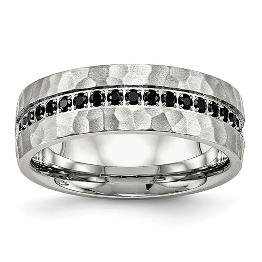 Stainless Steel Brushed and Hammered Black Cubic Zirconia 7.5mm Band Ring