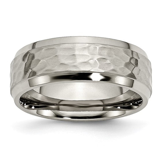 Titanium Polished and Hammered 8mm Beveled Edge Band Ring
