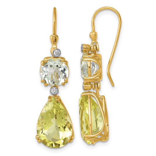 D2D 14K Diamond/Green Amethyst/Lemon Topaz Earrings