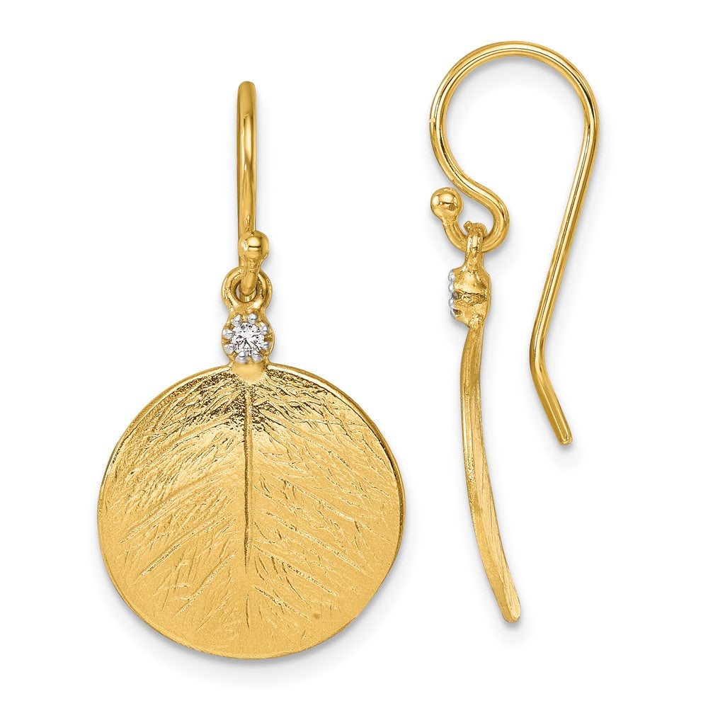 D2D 14K Diamond Textured Round Leaf Dangle Earrings