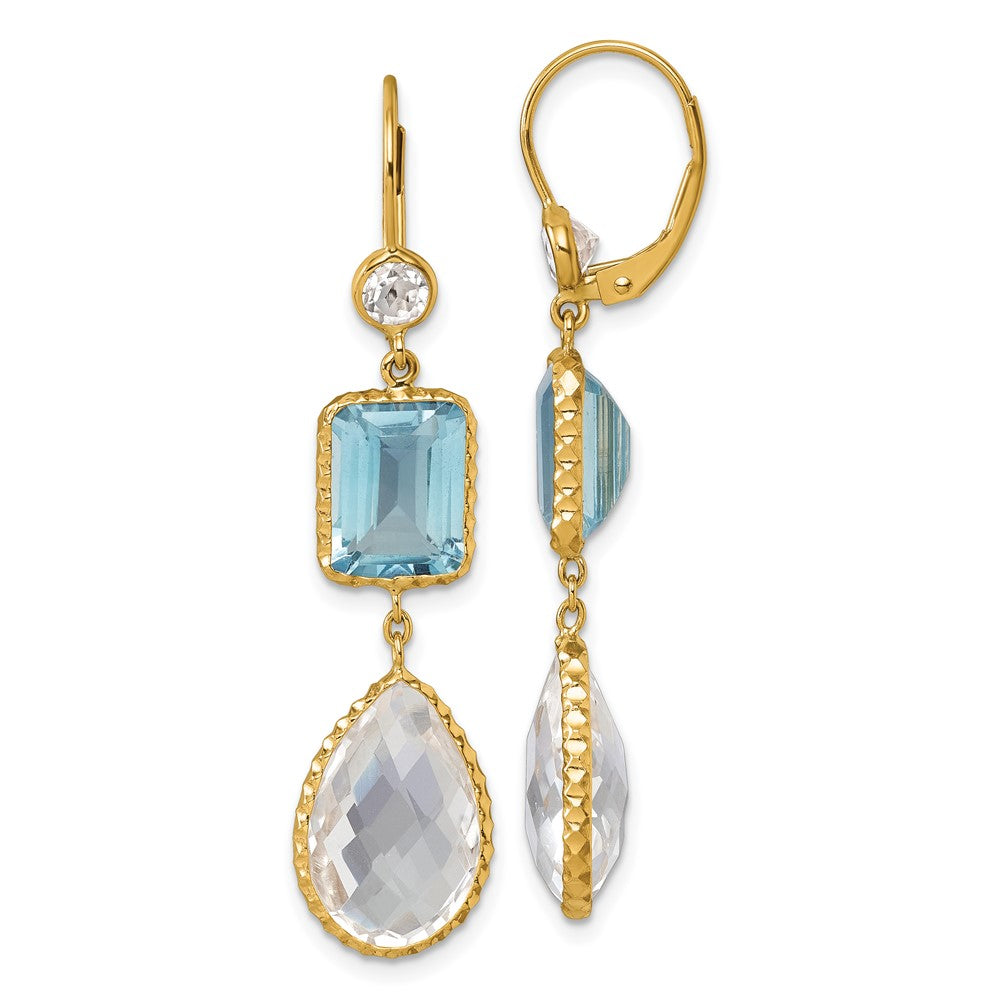 D2D 14K Blue Topaz/Crystal/White Quartz Leverback Earrings