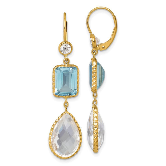 D2D 14K Blue Topaz/Crystal/White Quartz Leverback Earrings