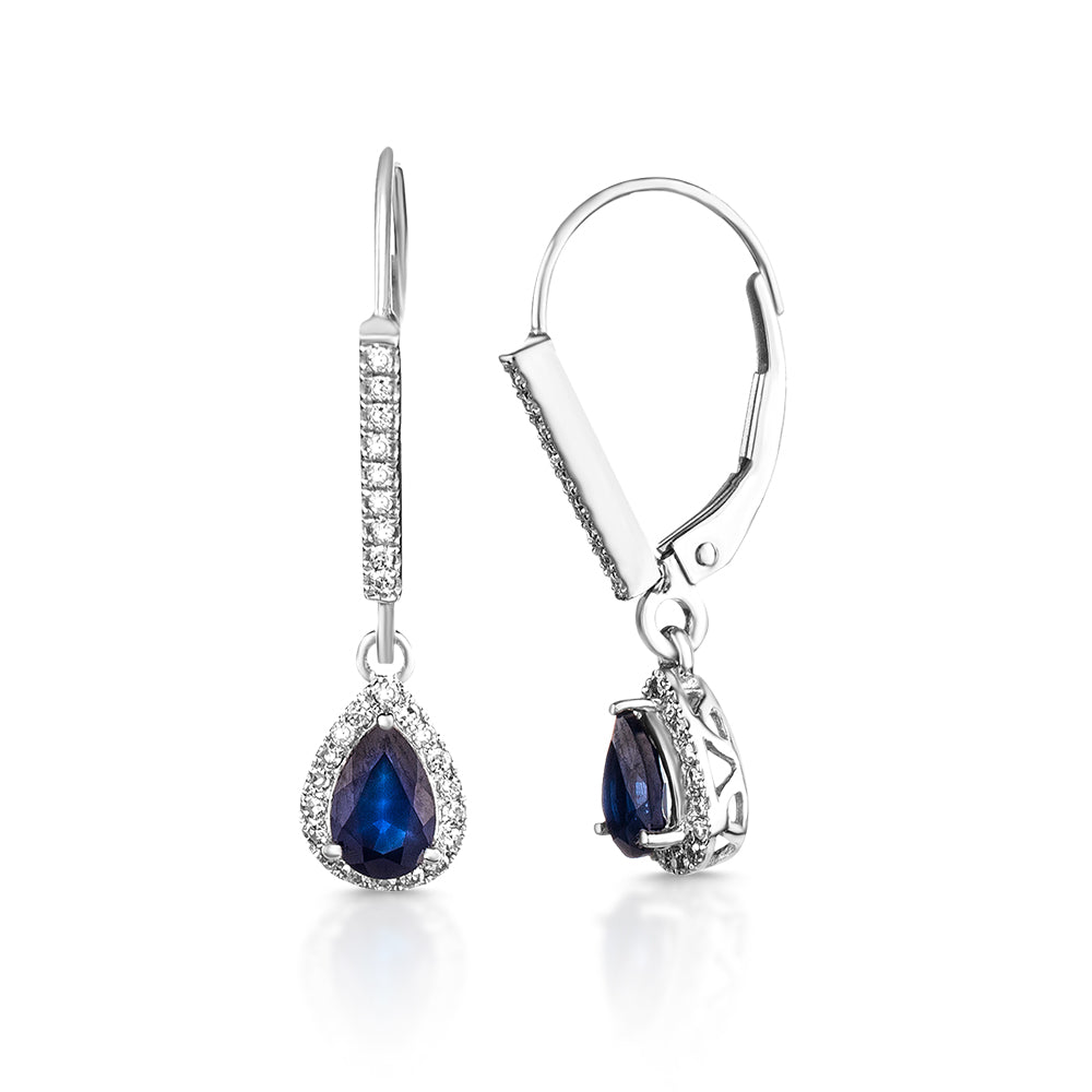 Diamond2Deal 14k White Gold 1.04ct Pear Shape Blue Sapphire & Diamond Drop & Dangle Earrings