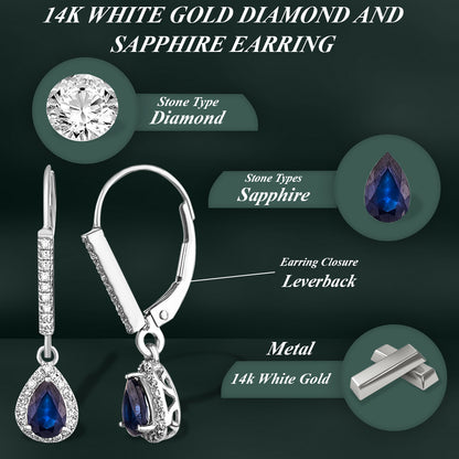 Diamond2Deal 14k White Gold 1.04ct Pear Shape Blue Sapphire & Diamond Drop & Dangle Earrings