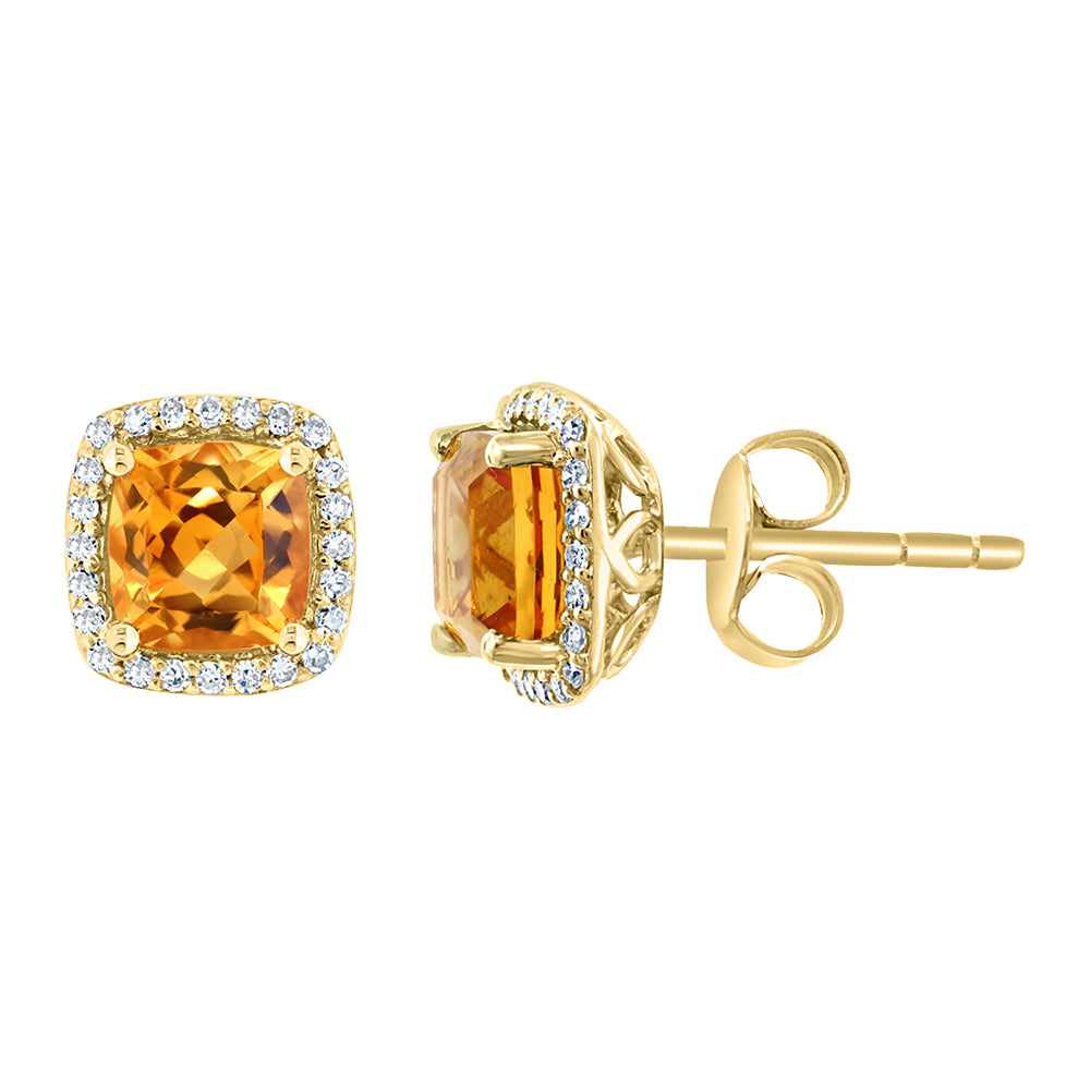 Diamond2Deal 14k Yellow Gold 1.9ct Cushion Cut Citrine and Diamond Stud Earrings for Women