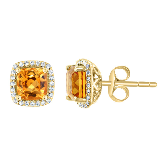 Diamond2Deal 14k Yellow Gold 1.9ct Cushion Cut Citrine and Diamond Stud Earrings for Women