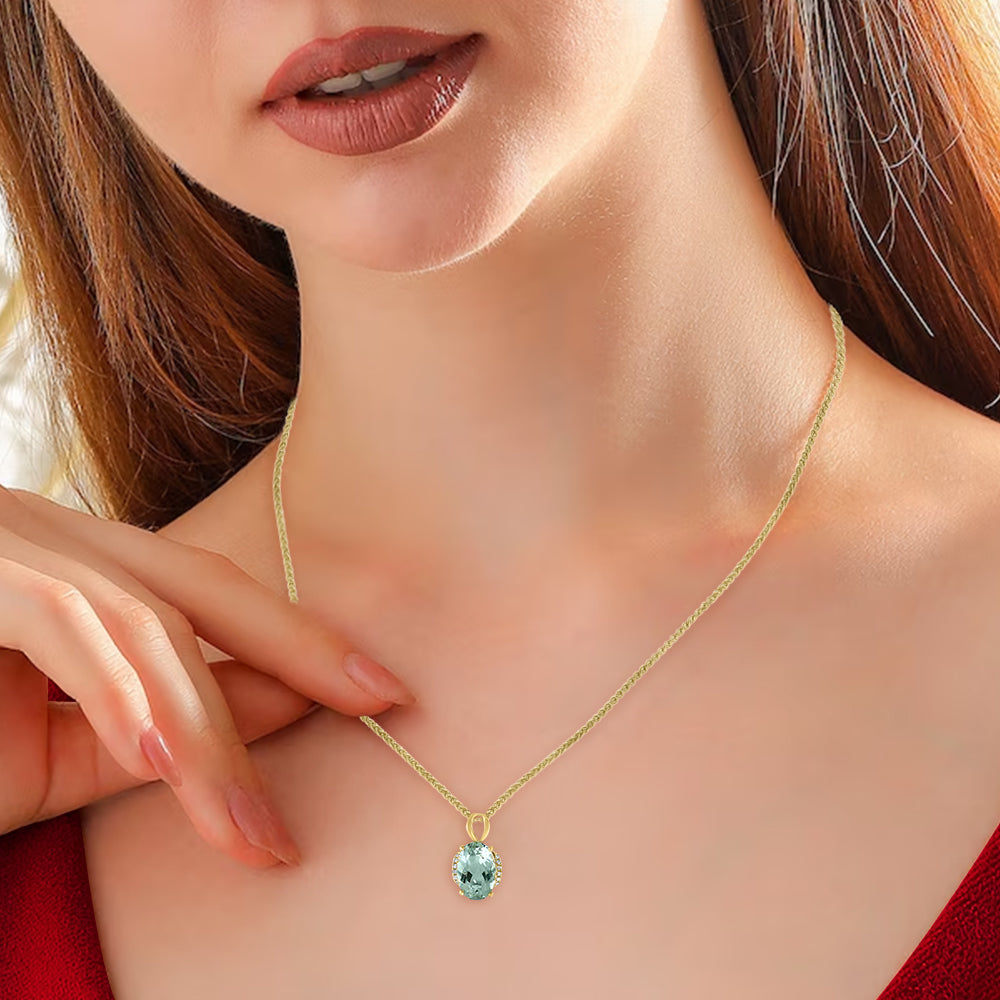 Diamond2Deal 14k Yellow Gold 3.09ct Oval Cut Green Amethyst and Diamond Pendant Necklace 18"