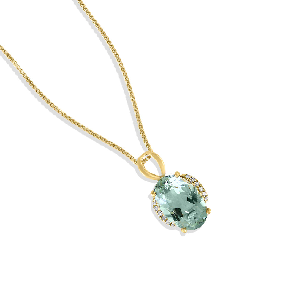 Diamond2Deal 14k Yellow Gold 3.09ct Oval Cut Green Amethyst and Diamond Pendant Necklace 18"