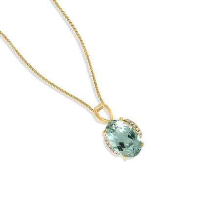 Diamond2Deal 14k Yellow Gold 3.09ct Oval Cut Green Amethyst and Diamond Pendant Necklace 18"