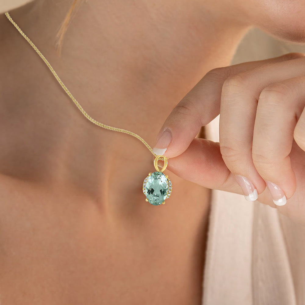 Diamond2Deal 14k Yellow Gold 3.09ct Oval Cut Green Amethyst and Diamond Pendant Necklace 18"