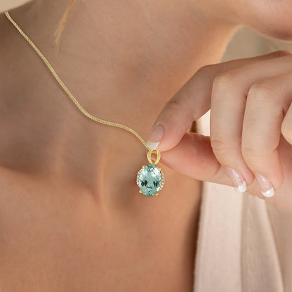 Diamond2Deal 14k Yellow Gold 3.09ct Oval Cut Green Amethyst and Diamond Pendant Necklace 18"