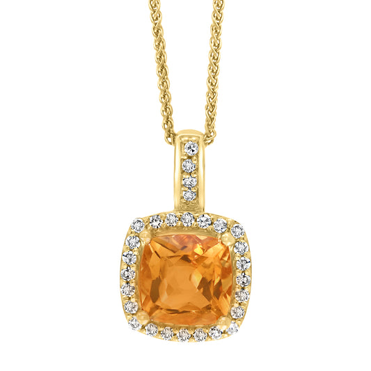 Diamond2Deal 14k Yellow Gold 0.9ct Cushion Citrine and Diamond Pendant Necklace 18" for Women