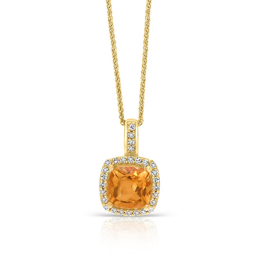 Diamond2Deal 14k Yellow Gold 0.9ct Cushion Citrine and Diamond Pendant Necklace 18" for Women