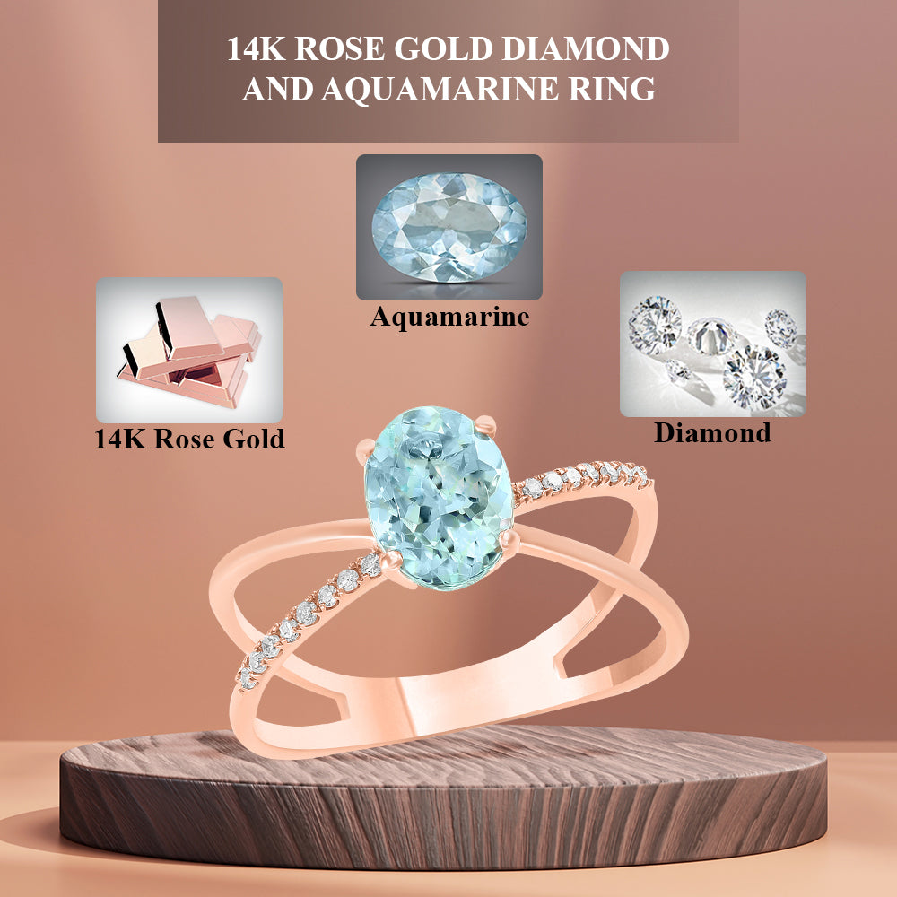 Diamond2Deal 14k Rose Gold 1.15ct Oval Cut Aquamarine and Diamond Engagement Ring for Women