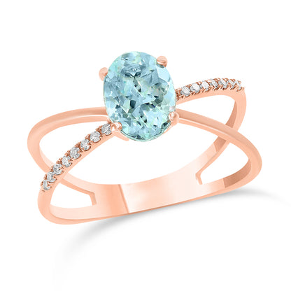 Diamond2Deal 14k Rose Gold 1.15ct Oval Cut Aquamarine and Diamond Engagement Ring for Women