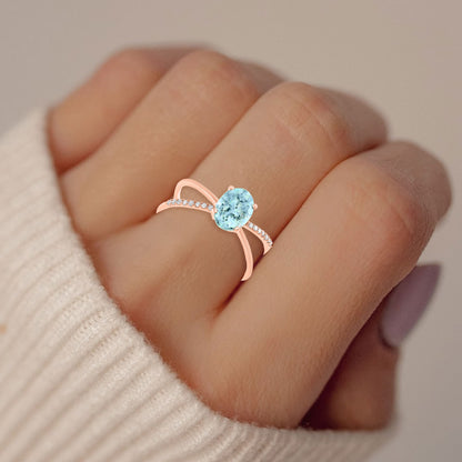 Diamond2Deal 14k Rose Gold 1.15ct Oval Cut Aquamarine and Diamond Engagement Ring for Women