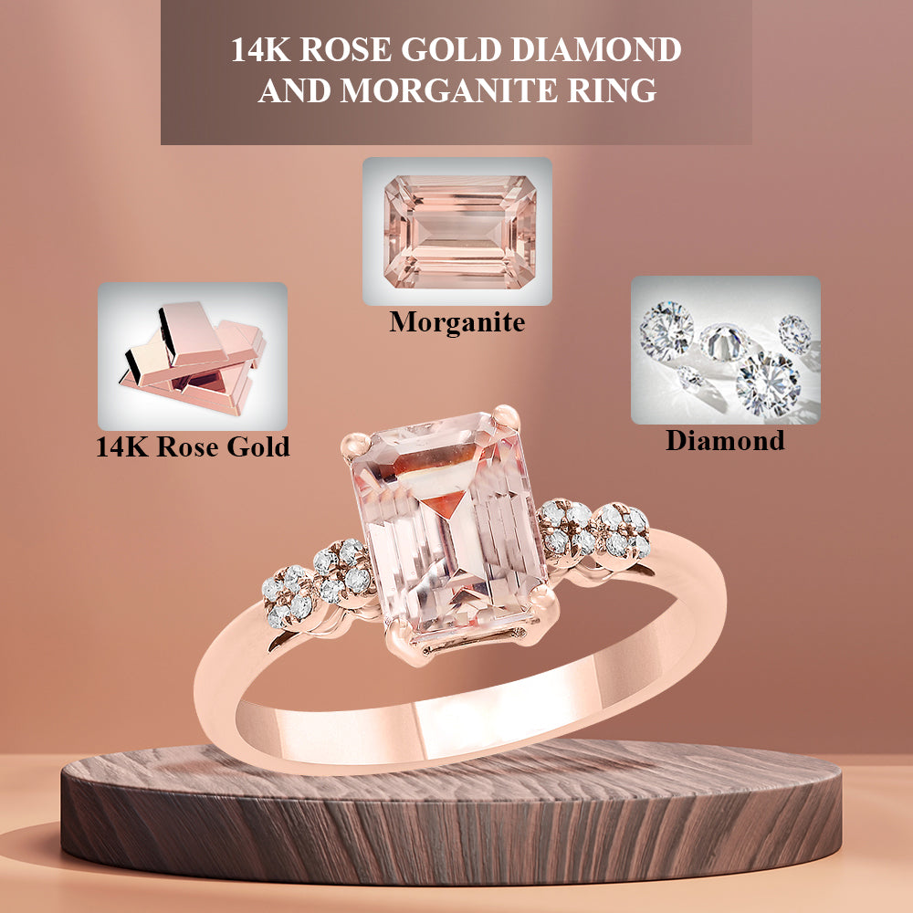 Diamond2Deal 14k Rose Gold 1.38ct Octagon Cut Morganite and Diamond Engagement Ring for Women