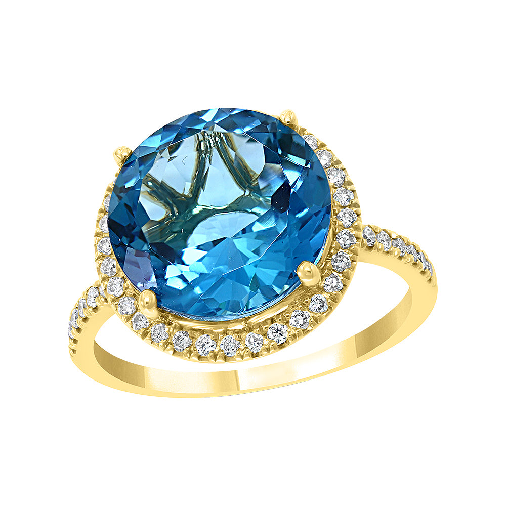 Diamond2Deal 14k Yellow Gold 6.76ct Round Blue Topaz and Diamond Engagement Ring for Women