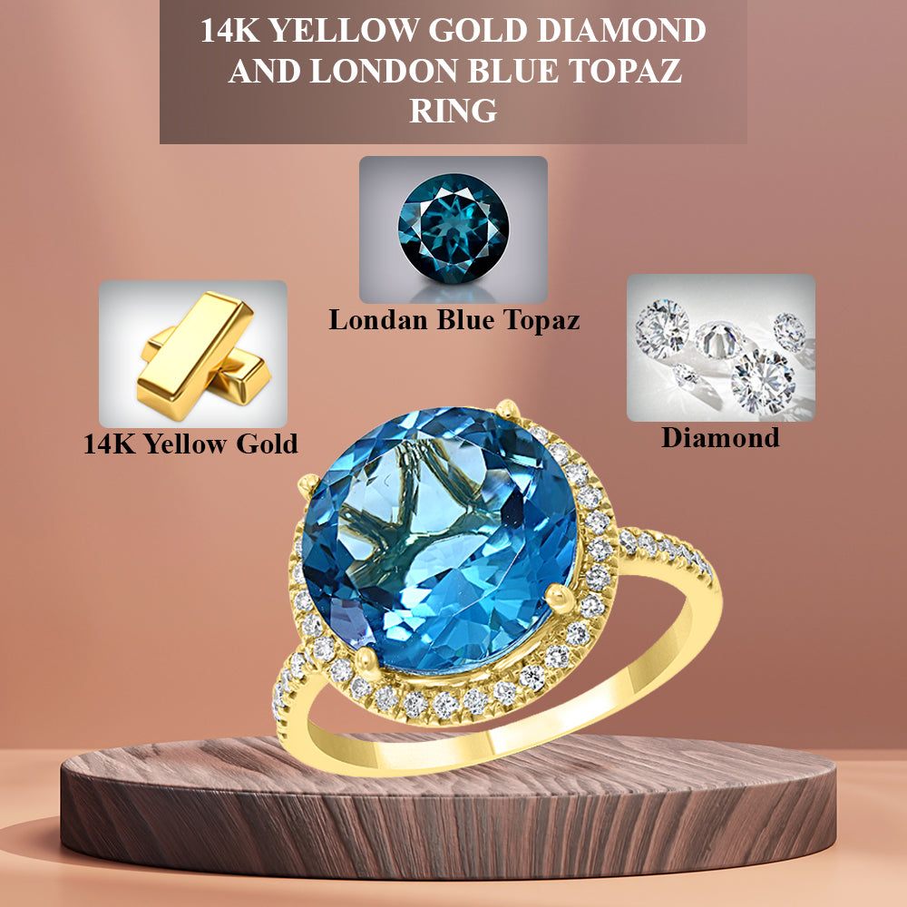 Diamond2Deal 14k Yellow Gold 6.76ct Round Blue Topaz and Diamond Engagement Ring for Women