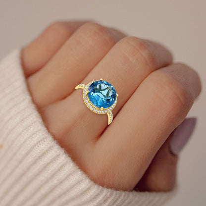Diamond2Deal 14k Yellow Gold 6.76ct Round Blue Topaz and Diamond Engagement Ring for Women